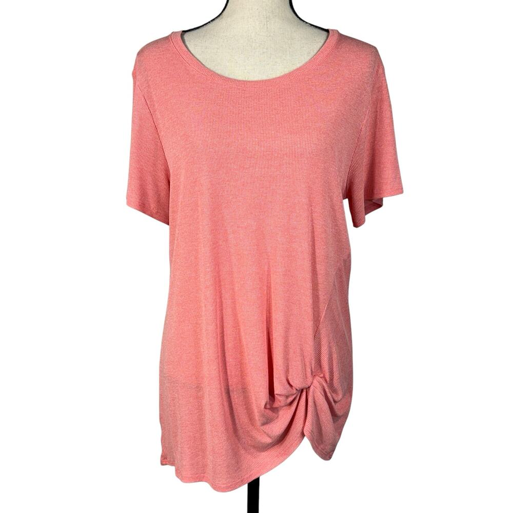 Green Tea X-Large Tunic Top Ribbed Short Sleeve Round Neck Stretch Twist Front
